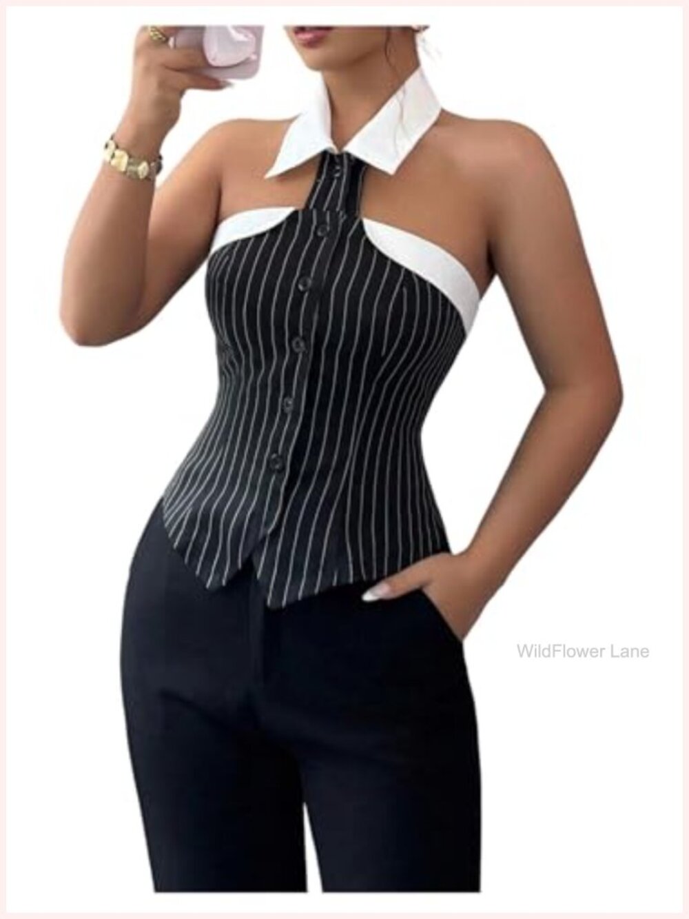 Sleeveless Halter Blouse Shirt Open Back Striped Print Y2K Top